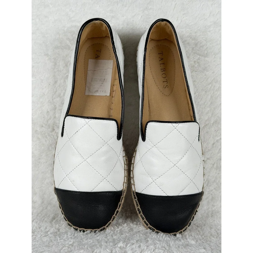 Talbots Espadrilles Women 6.5‎ White Black Quilted Leather Cap Toe Flats